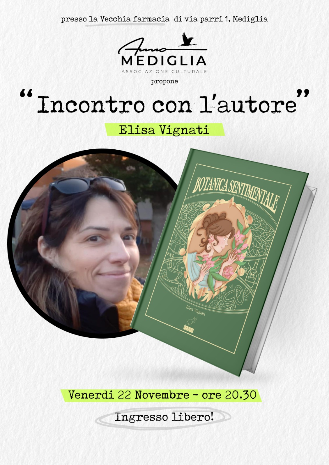 Locandina "Incontro con l'autore" con Elisa Vignati, dell'associazione Amo Mediglia