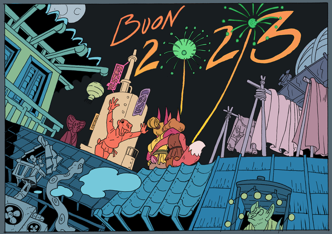 In una città colorata animali umanoidi festeggiano il capodanno. Il cielo notturno è illuminato da fuochi artificiali che formano la scritta "Buon 2023"
