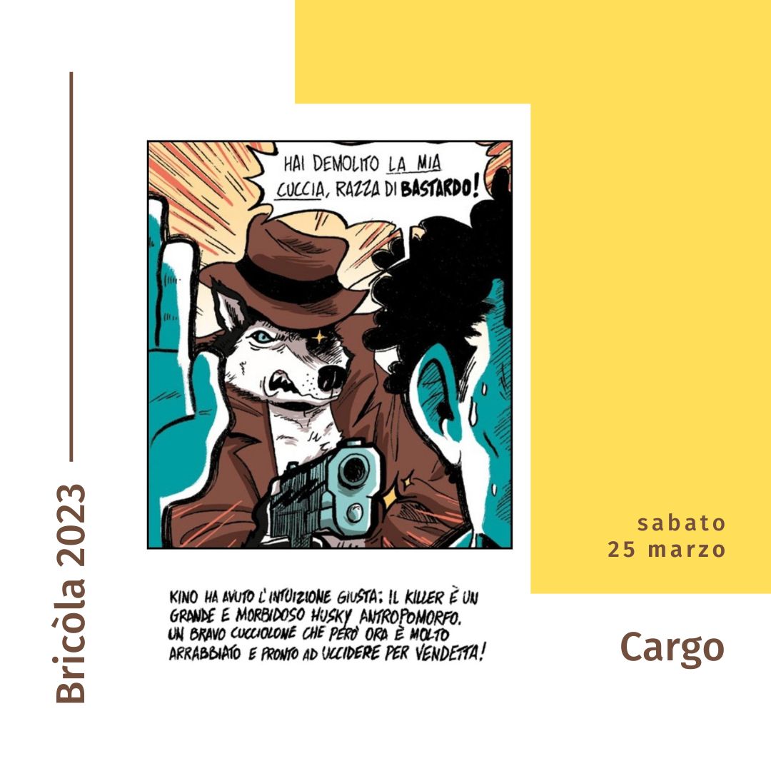 Immagine promozionale di Cargo a Bricola 2023 - Vignetta con un lupo umanoide che punta una pistola verso una persona di spalle
