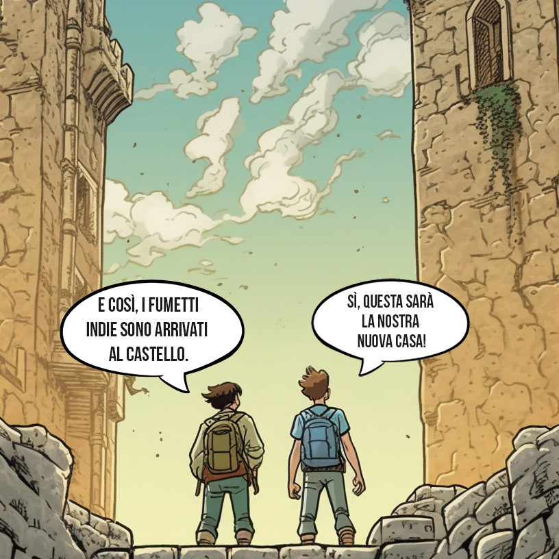 Disegno con il castello di Belgioioso e due personaggi di un fumetto